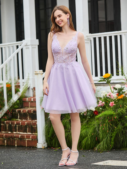 Appliqued Transparent Top Sleeveless Short Dress Lilac
