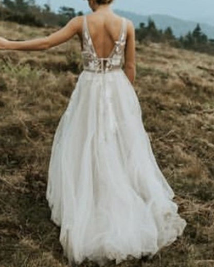 Tulle Beach Wedding Dress V Neck Embroidery