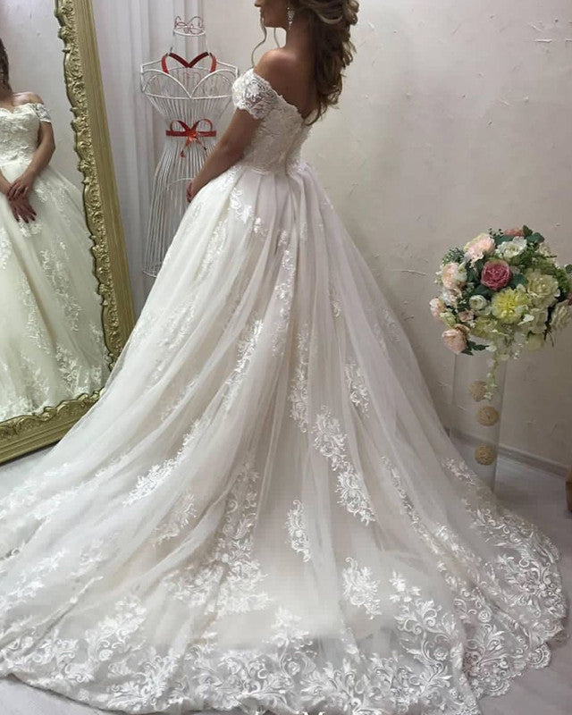 Romantic Wedding Dress Lace Embroidery Off Shoulder