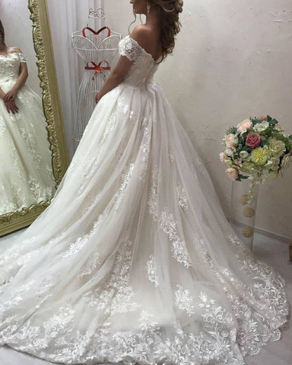 Romantic Wedding Dress Lace Embroidery Off Shoulder