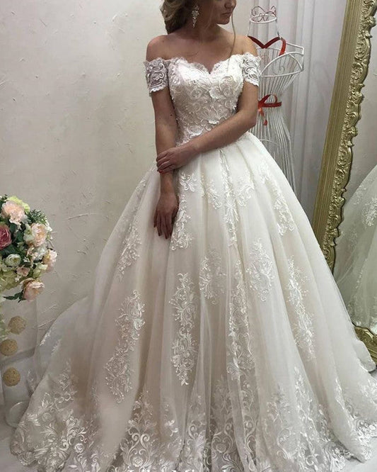 Romantic Wedding Dress Lace Embroidery Off Shoulder