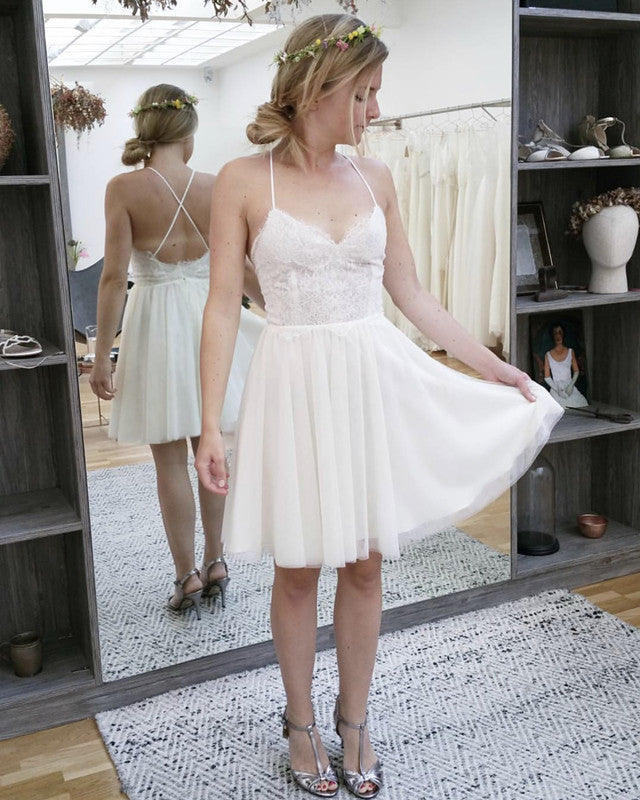 Short Boho Wedding Dresses Lace V Neck