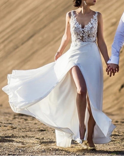 Lace V Neck Chiffon Wedding Dress Split