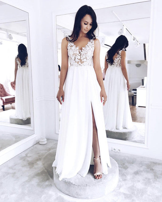 Lace V Neck Chiffon Wedding Dress Split