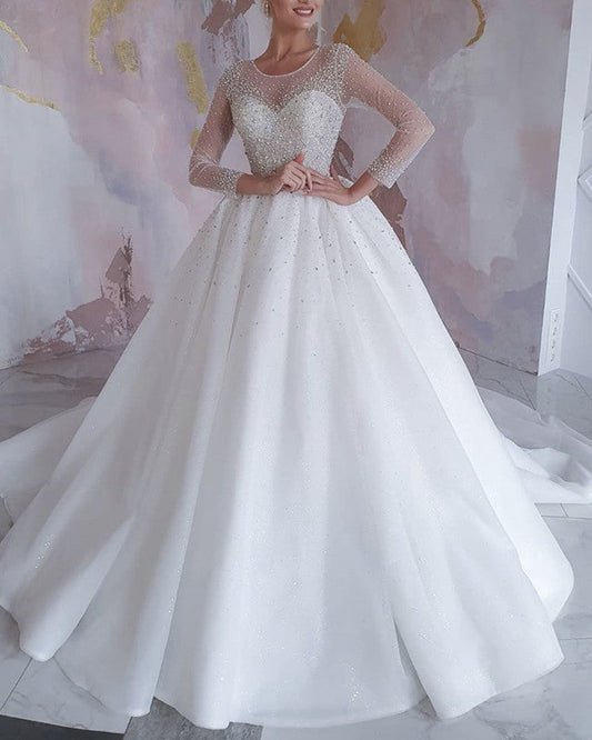 Beaded Organza Wedding Dresses Ball Gown With Sleeves