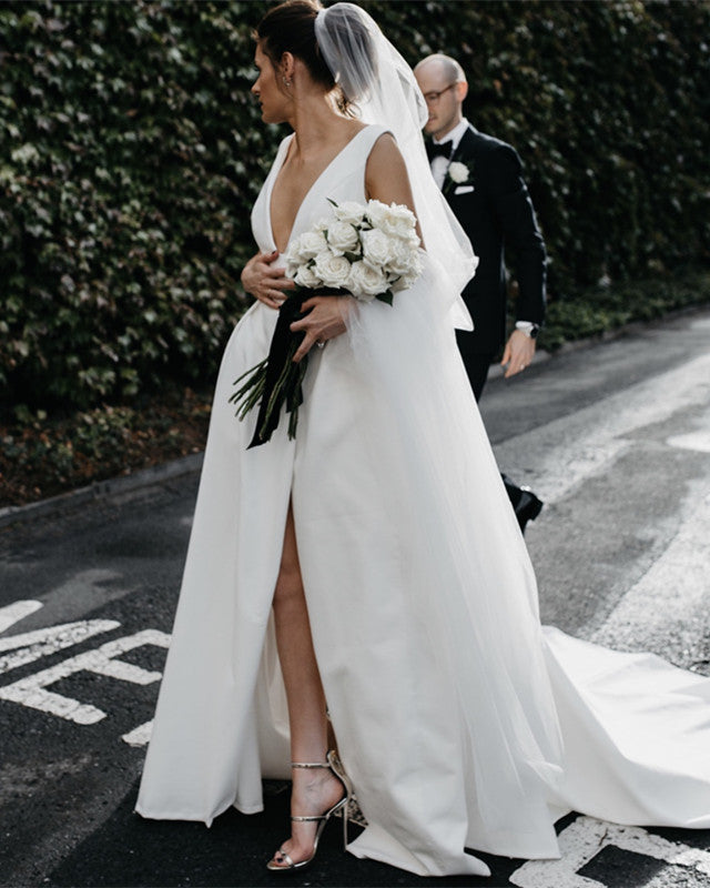 Boho Style Wedding Dresses Satin V Neck Front Slit