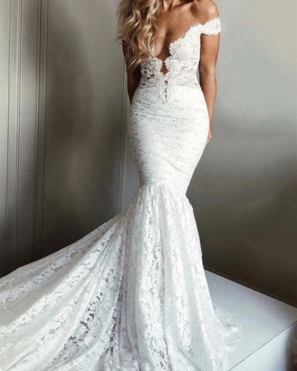 Boho Lace Wedding Dress Mermaid Off The Shoulder