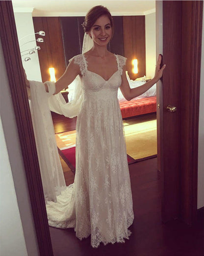 Bohemian Lace Wedding Dress Empire Waist Spaghetti Straps