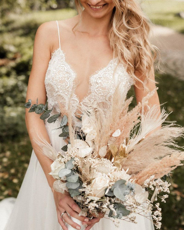 Romantic Tulle Boho Wedding Dress Lace V Neck
