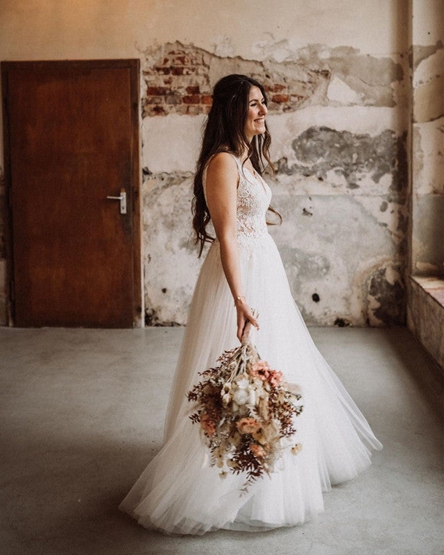 Sheer Lace V Neck Tulle Beach Wedding Dress