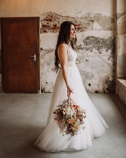 Sheer Lace V Neck Tulle Beach Wedding Dress