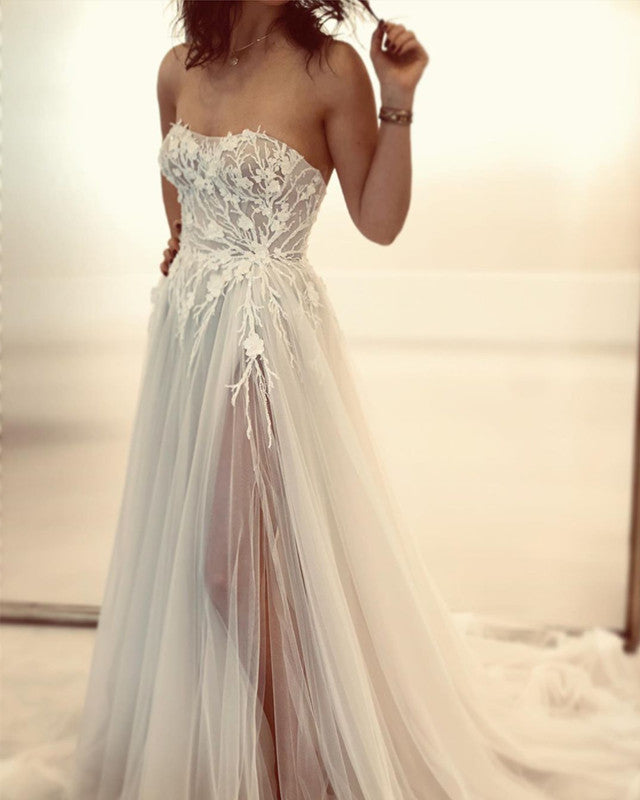 Sexy Boho Wedding Dress Lace Embroidery Tulle Split