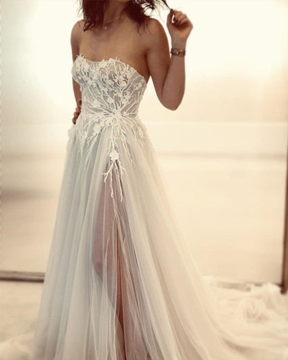 Sexy Boho Wedding Dress Lace Embroidery Tulle Split