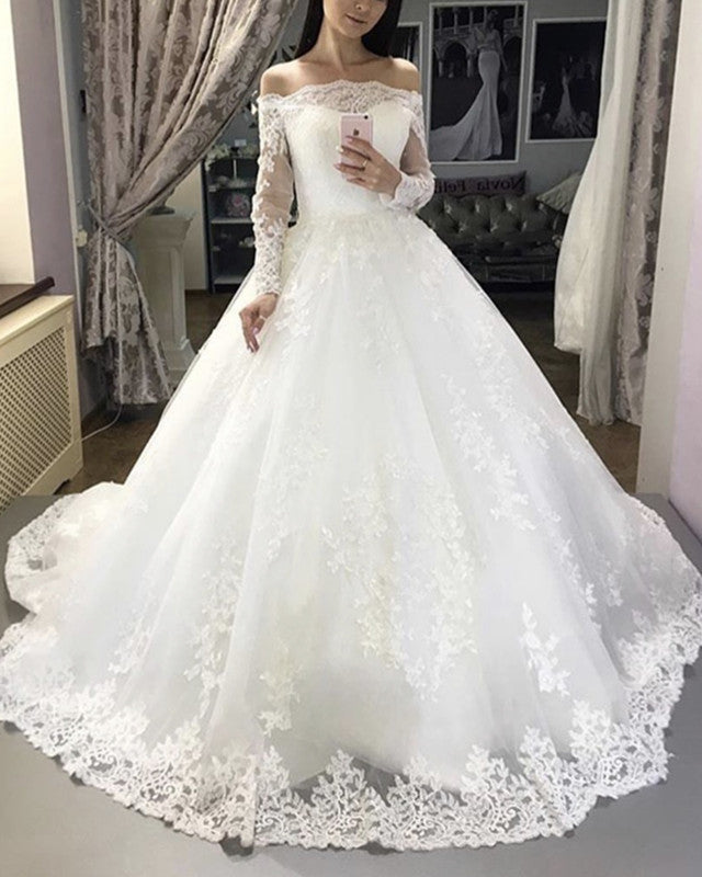 Vintage Lace Long Sleeves Wedding Dress Ball Gown Off Shoulder
