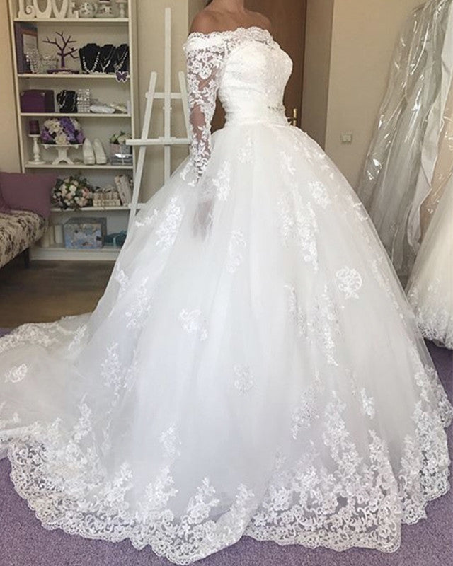 Vintage Lace Long Sleeves Wedding Dress Ball Gown Off Shoulder