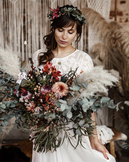 Two Piece Boho Wedding Dress Lace Half Sleeves