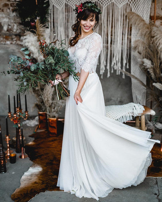 Two Piece Boho Wedding Dress Lace Half Sleeves