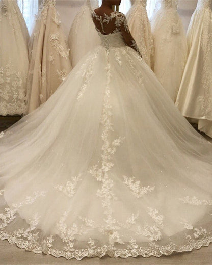 Sheer Sleeves Wedding Dress Ball Gown Appliques