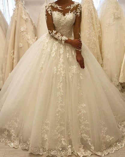 Sheer Sleeves Wedding Dress Ball Gown Appliques