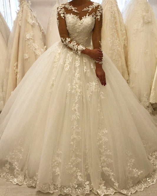 Sheer Sleeves Wedding Dress Ball Gown Appliques