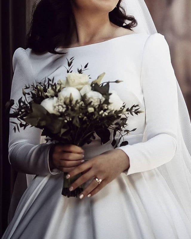 Long Sleeves Satin Wedding Dress Open Back