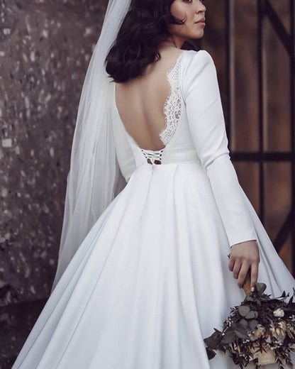 Long Sleeves Satin Wedding Dress Open Back