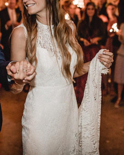 Lace Mermaid Wedding Dress Round Neck Open Back