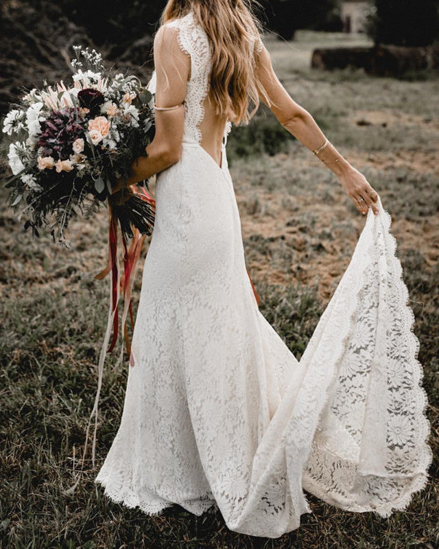 Lace Mermaid Wedding Dress Round Neck Open Back