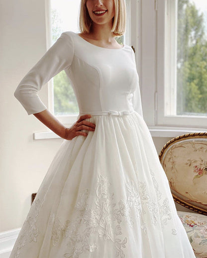 A Line Organza Wedding Dress Satin Sleeves