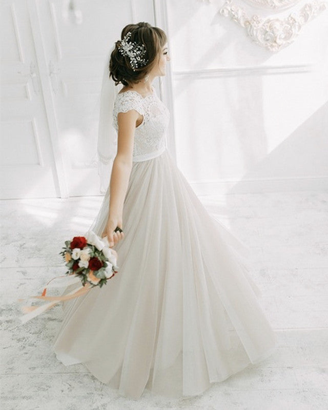 Modest Boho Wedding Dress Lace Cap Sleeves