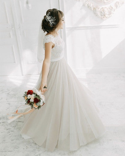 Modest Boho Wedding Dress Lace Cap Sleeves