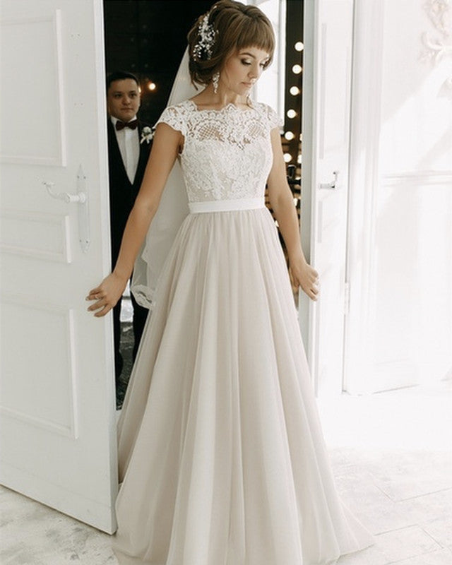 Modest Boho Wedding Dress Lace Cap Sleeves
