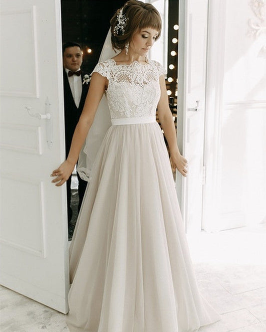 Modest Boho Wedding Dress Lace Cap Sleeves