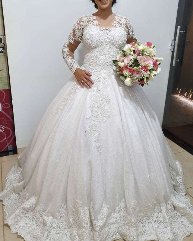 Lace Long Sleeves Wedding Gown Illusion Neck