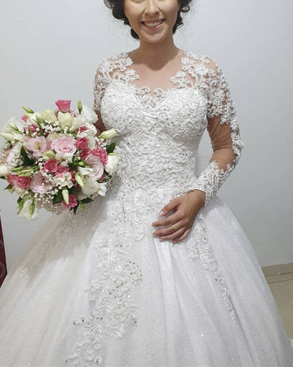 Lace Long Sleeves Wedding Gown Illusion Neck