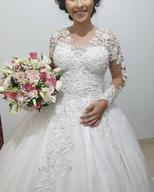 Lace Long Sleeves Wedding Gown Illusion Neck