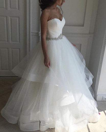 Pleated Sweetheart Ruffles Wedding Dress Ball Gown Crystal Belt