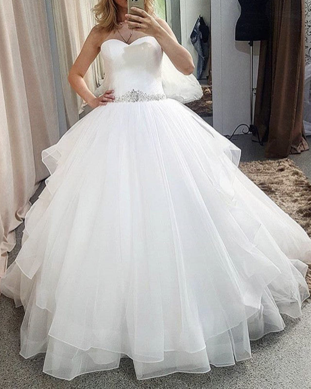 Pleated Sweetheart Ruffles Wedding Dress Ball Gown Crystal Belt
