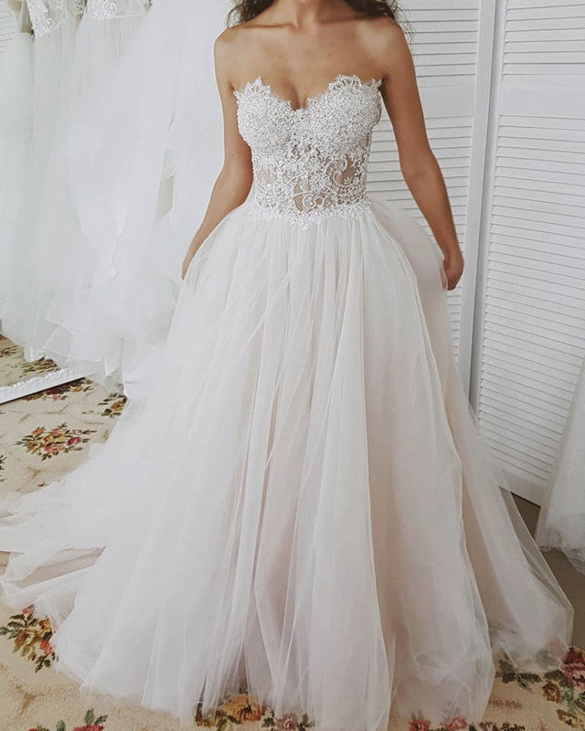 Beach Wedding Dress Lace Sweetheart See Through Corset