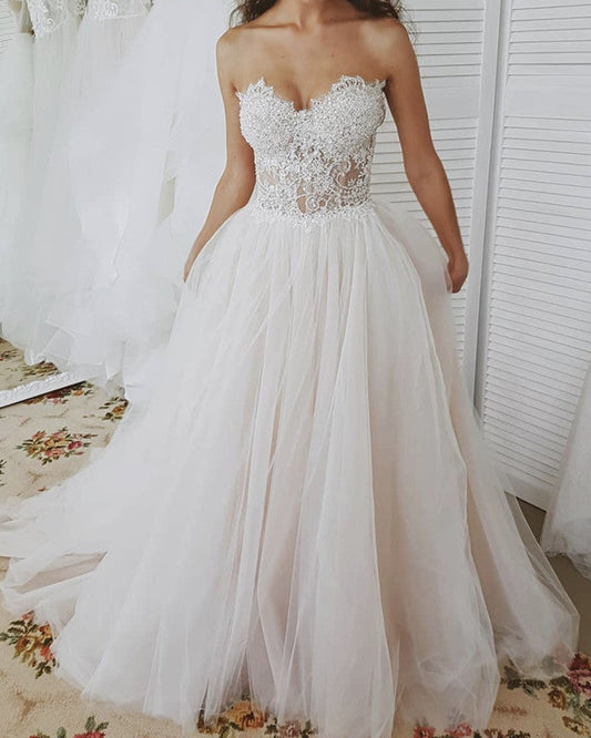 Beach Wedding Dress Lace Sweetheart See Through Corset