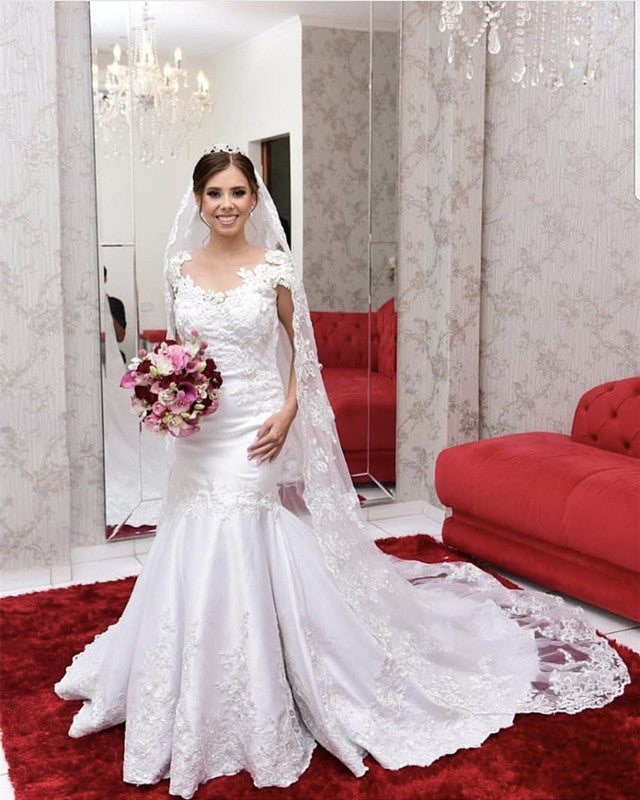 Lace Cap Sleeves Satin Mermaid Wedding Dress Sheer Neckline