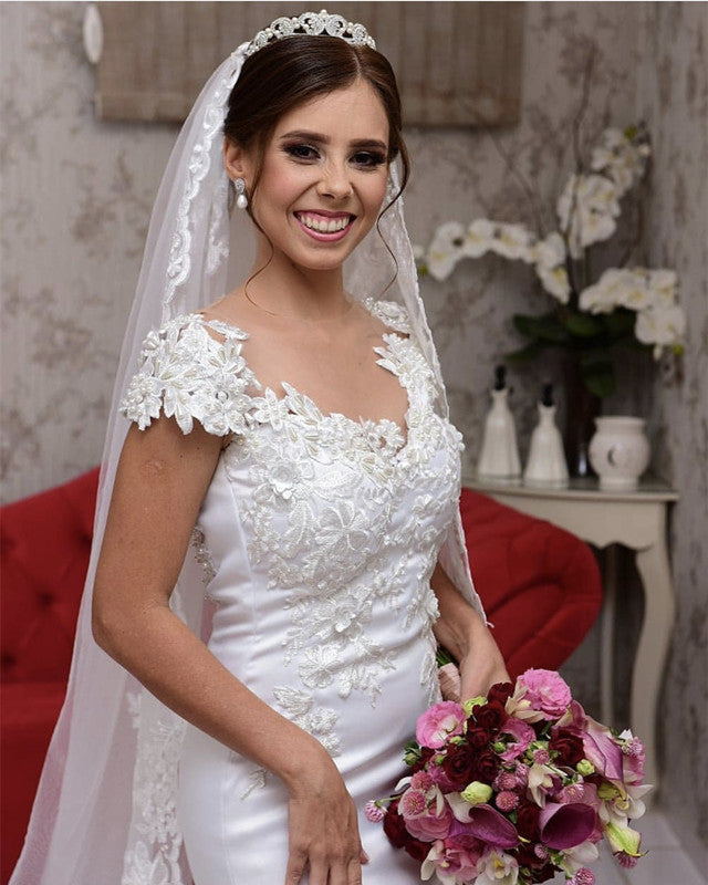 Lace Cap Sleeves Satin Mermaid Wedding Dress Sheer Neckline
