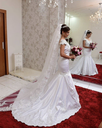 Lace Cap Sleeves Satin Mermaid Wedding Dress Sheer Neckline