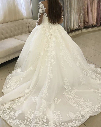 Illusion Neckline Wedding Dress Organza Ball Gown Lace Embroidery