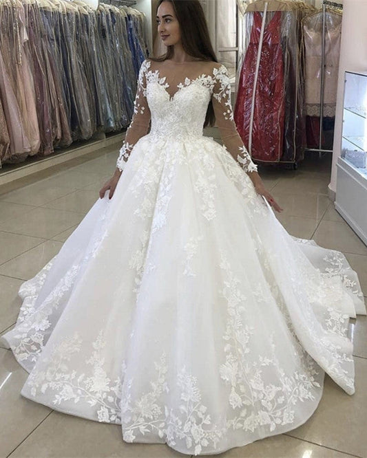 Illusion Neckline Wedding Dress Organza Ball Gown Lace Embroidery