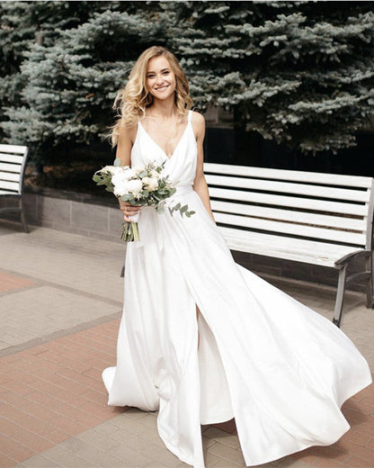 Simple V Neck Wedding Dress Satin Slit