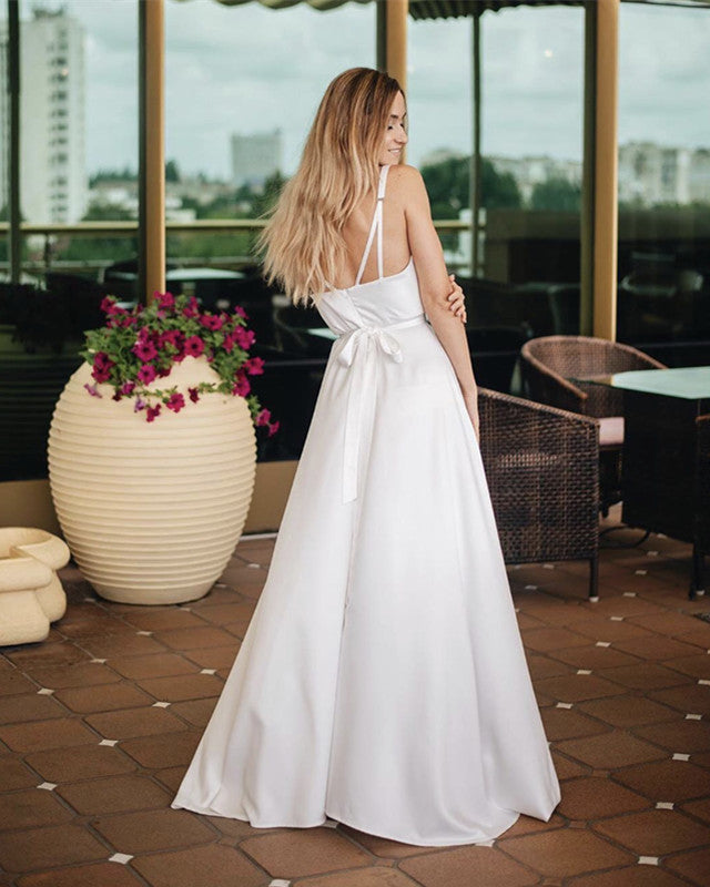 Simple V Neck Wedding Dress Satin Slit