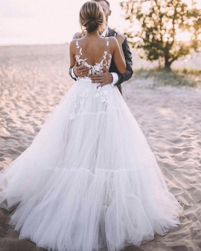 Elegant Lace V Neck Tulle Dresses For Weddings