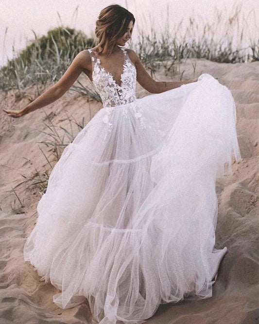 Elegant Lace V Neck Tulle Dresses For Weddings