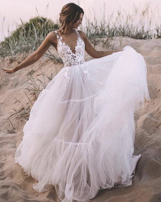 Elegant Lace V Neck Tulle Dresses For Weddings